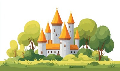 Naklejka premium Fairytale Castle Illustration White Stone Towers and Orange Roofs Amidst Lush Green Trees