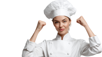 Confident female chef posing with fists raised, isolated on a white background.