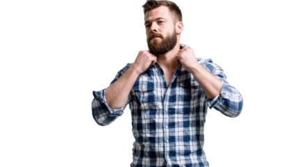 Confident man adjusting his shirt collar, standing against a white isolated background.