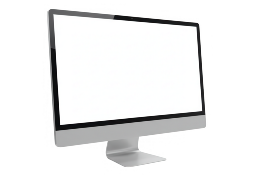 A modern silver desktop computer with a large blank screen is isolated on a transparent background, ideal for showcasing your designs