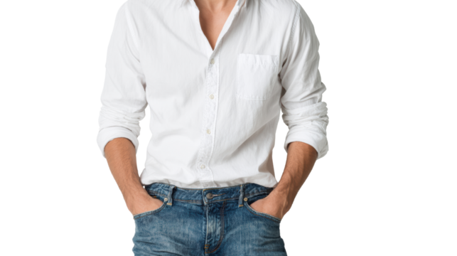 Confident man in casual attire, hands in pockets, stands against a white background.