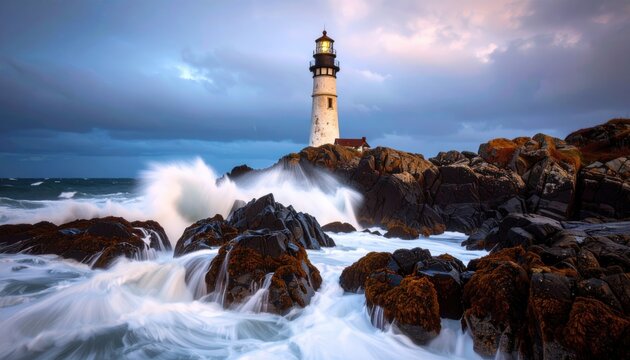 A stunning lighthouse stands tall against crashing waves and a dramatic sky, capturing the essence of coastal beauty and resilience.