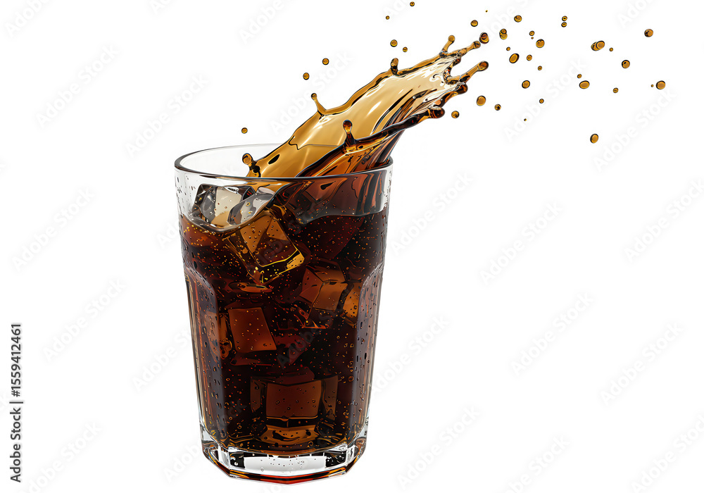 Poster a glass of cola with ice cubes is shown with a splash of liquid isolated on transparent background