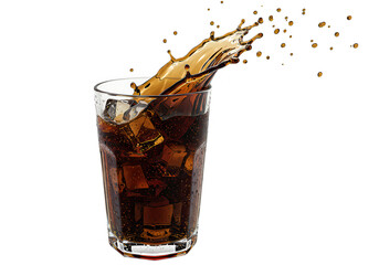A glass of cola with ice cubes is shown with a splash of liquid isolated on transparent background