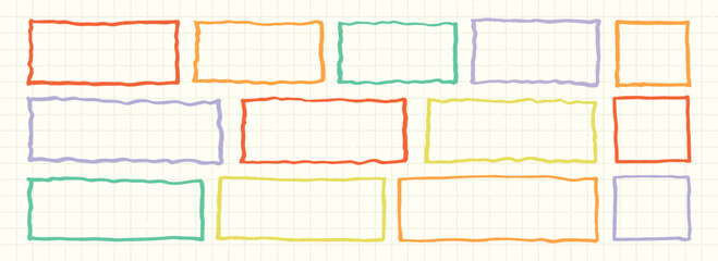 Jagged wavy edge vector geometric rectangle shape frames. Colorful marker drawn wiggly frames on grid paper background. Childish zigzag rectangle shapes element set. Wavy undulate stickers, text boxes
