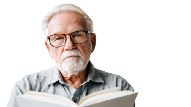 Elderly man reading a book, looking thoughtful and introspective.
