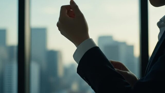 Businessman adjusting shirt cufflink with urban cityscape background in office