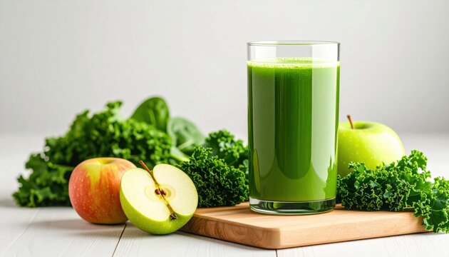 Fresh green smoothie with kale and apples, promoting healthy living and vibrant nutrition on a wooden cutting board.