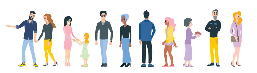 A set of vector illustrations of men and women. Group of people. 