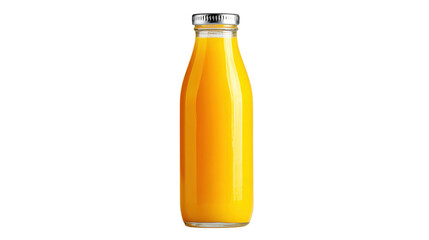 Fresh orange juice in a glass bottle with a metal cap, isolated on a white background.
