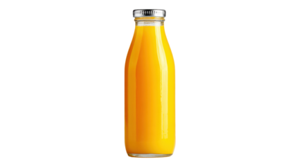 Fresh orange juice in a glass bottle with a metal cap, isolated on a white background.