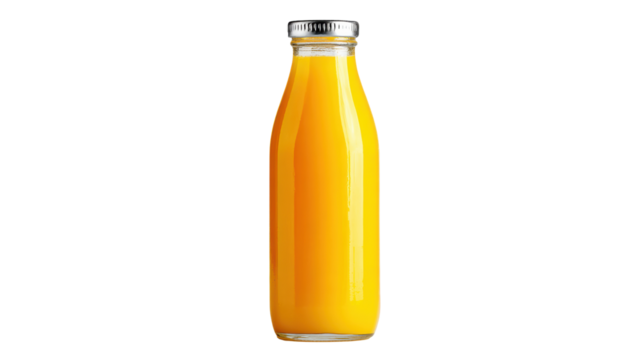 Fresh orange juice in a glass bottle with a metal cap, isolated on a white background.