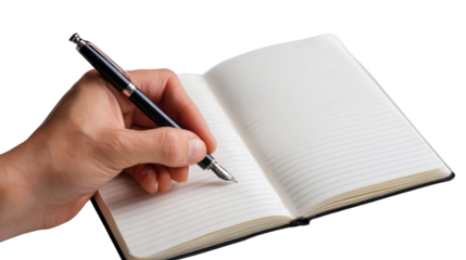 Hand writing in a blank notebook with a pen, isolated on a white background.