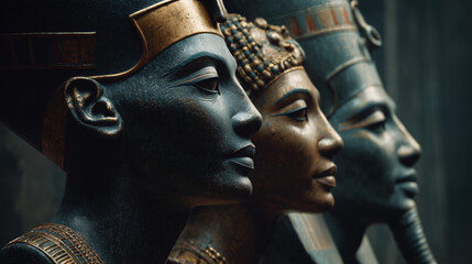 Close-Up of Intricately Detailed Ancient Egyptian Busts in Profile View
