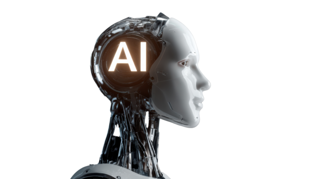 Futuristic robot head with glowing AI text, isolated on white background.