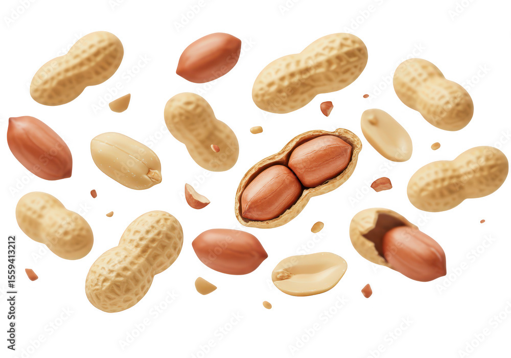 Poster many peanuts in their shells and some shelled peanuts are falling and spinning isolated on transpare