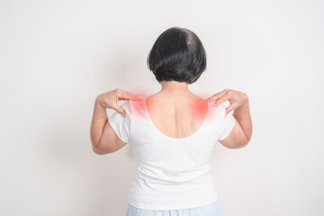 Elderly Woman having Shoulder Pain for Muscle Inflammation and Sprain, Myofascial ache syndrome and...