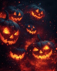 Fototapeta premium Glowing Halloween Jack-o'-lanterns in fiery background