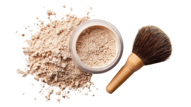 Makeup products including powder, brush, and jar on a white background.