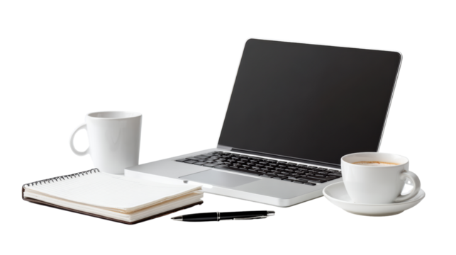 Laptop, coffee cup, notebook, and pen on a white isolated background.