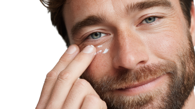 Man applying cream under eye, smiling. Focus on skincare routine, wellness, self-care, and grooming.