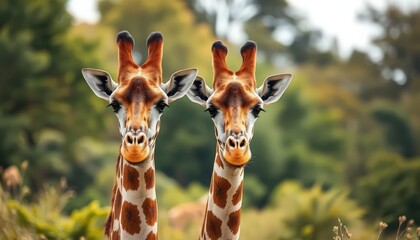 Obraz premium Two giraffes standing close together in a lush green environment
