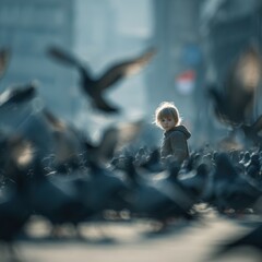 Serene child surrounded by multitude of doves in an urban landscape capturing childhood wonder and urban tranquility