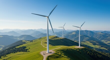 Majestic Wind Turbines Harnessing Nature's Power on a Sunlit Mountain Landscape