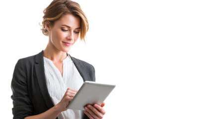 Professional woman using a tablet, engaged in work or study, isolated on a white background.