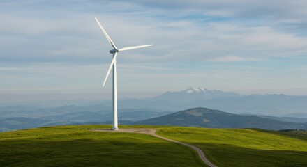 Fototapeta premium Majestic Wind Turbine Standing Tall on a Grassy Hilltop Under a Partly Cloudy Sky with Distant Snow Capped Mountains