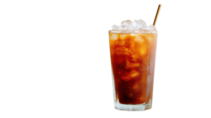 Refreshing iced coffee in a tall glass with ice cubes, perfect for hot days.