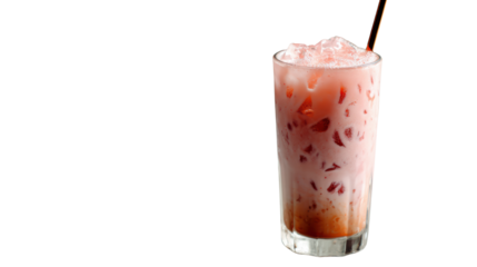 Refreshing pink beverage in a glass with ice, perfect for summer enjoyment, white isolated background.