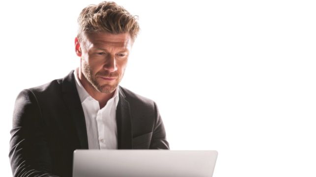 Professional man working on laptop, focused expression, white isolate background.