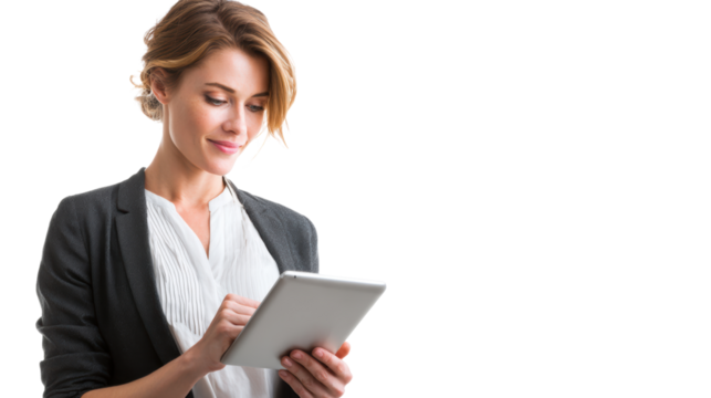 Professional woman using a tablet, engaged in work or study, isolated on a white background.