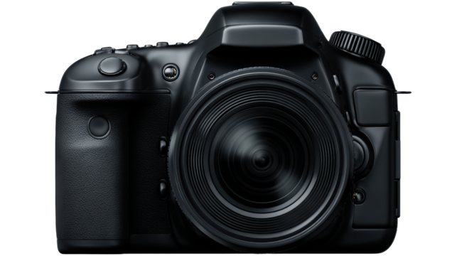 Professional DSLR camera with a black finish, isolated on a white background for creative use.