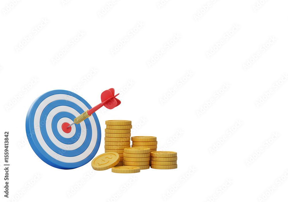 Poster a blue and white dartboard with a red dart in the center is next to stacks of gold coins, isolated o