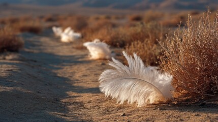 Soft White Feathers on Sandy Desert Pathway Under Natural Sunlight