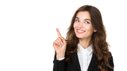 Smiling businesswoman pointing up, expressing ideas and creativity, white isolated background.