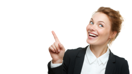 Smiling businesswoman pointing upwards, white isolated background.