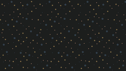 Seamless star outline pattern with blue, yellow, and coral stars on black background. Celestial night sky vector for kids fabric, wrapping paper, nursery decor, and digital backgrounds.
