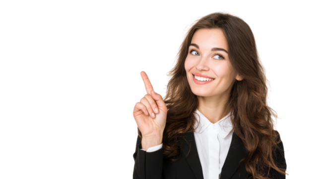 Smiling businesswoman pointing up, expressing ideas and creativity, white isolated background.