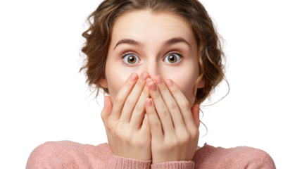 Surprised woman covering her mouth with hands, shock expression, isolated on white background.