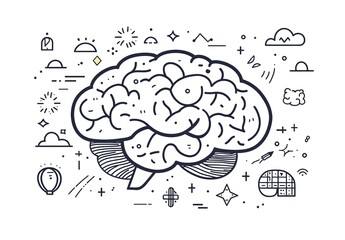 Vector simple line art of a brain with doodles, white background, minimalist style, simple outline and shapes, black lines on a white background, clean edges all around the drawing.