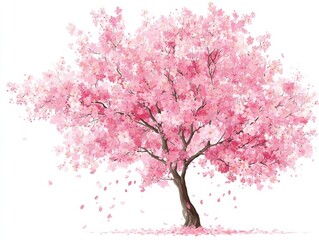 Fototapeta premium Pink Cherry Blossom Tree with Falling Petals on White Background
