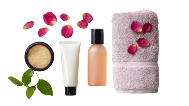 Spa essentials including cream, scrub, oils, towels, and rose petals on white isolate background.