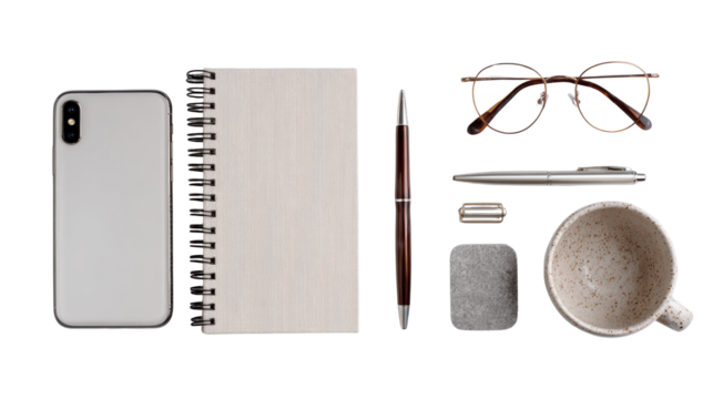 Stylish workspace setup featuring notebook, phone, glasses, pen, and coffee mug on a white background.