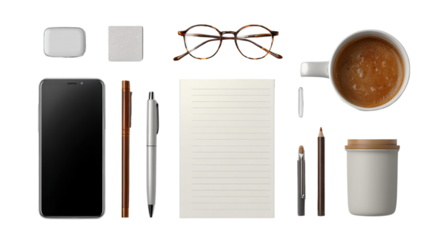 Stylish workspace arrangement with smartphone, coffee, notebooks, and stationery on white isolate background.