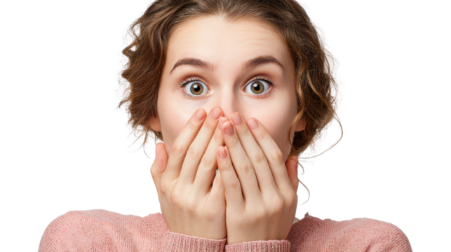 Surprised woman covering her mouth with hands, shock expression, isolated on white background.