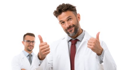 Two medical professionals giving thumbs up in lab coats, isolated on white background.