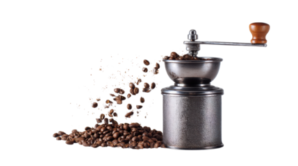 Vintage coffee grinder with scattered coffee beans on a white background.